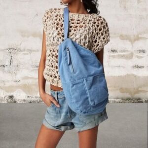 NWOT Free People Garbo Canvas Sling Bag in Light Blue Wash